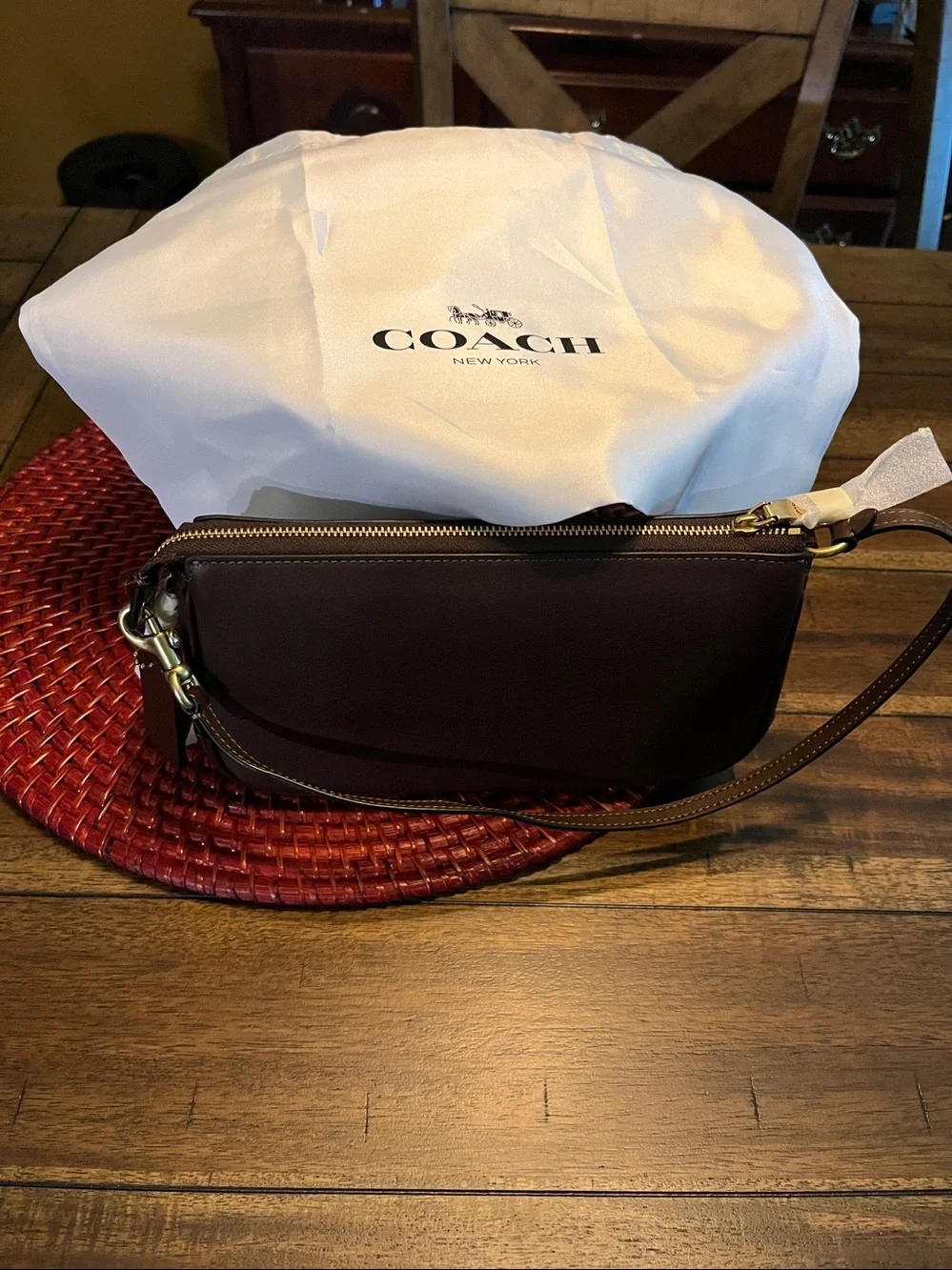 Coach Dark Brown Leather Shoulder Bag with Gold Logo